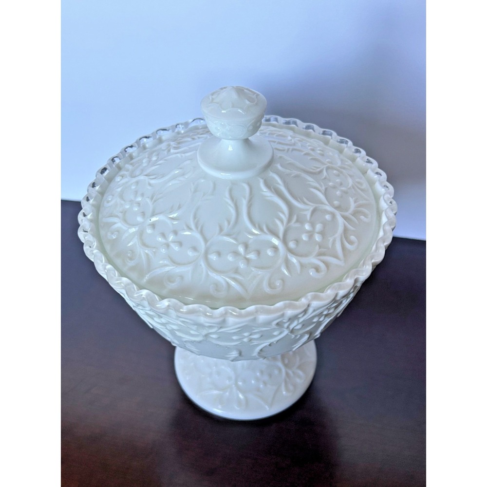Fenton Milk Glass Silver Crest With Spanish Lace Footed Candy Box With Lid - Picture 6 of 14